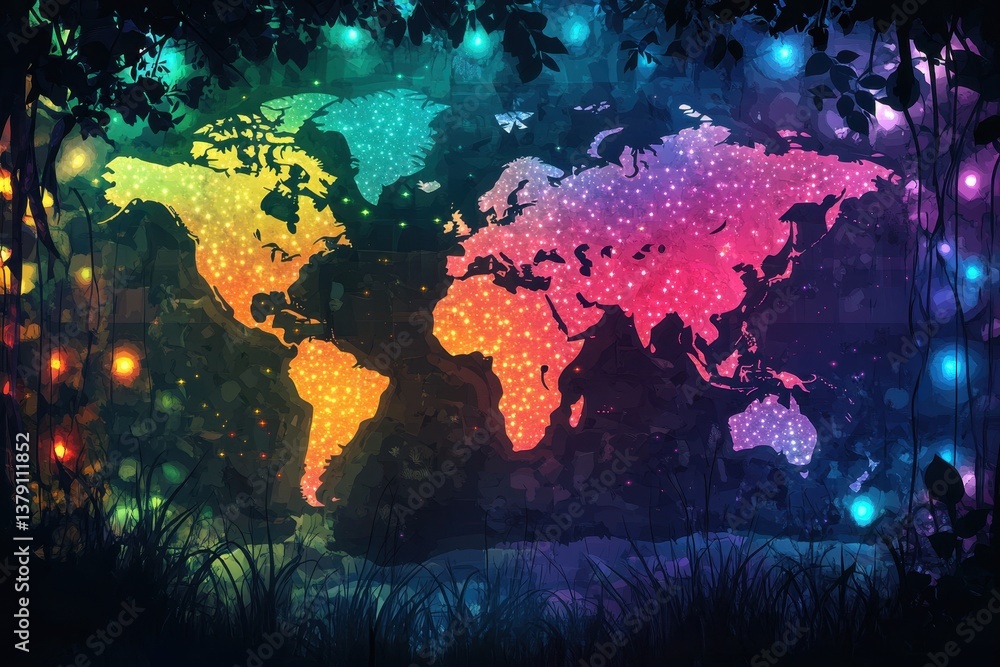 Poster abstract world map with colorful lights on dark background vector illustration colorful world map ho