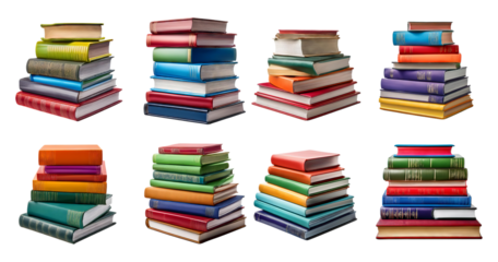 Colorful Stacks of Books in Various Arrangements and Styles, PNG bundle collection, Isolated on Transparent Background
