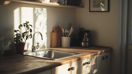 The kitchen has a wooden counter near the light wall with a silver sink and utensils