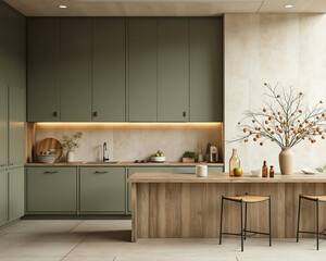 modern kitchen with olive green cabinets and light wood island