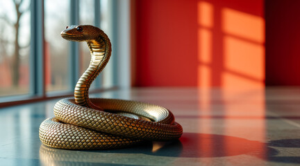 golden snake figurine coiled on gray floor