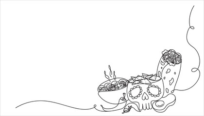 Minimalist corner art for cinco de mayo, day of the dead celebration. Sketch mexican food. Chili, tacos, nachos, burrito, avocado, skull shaped plate. Design for mexican holidays. Vector illustration.