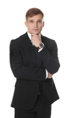 Man in classic suit with stylish watch on white background