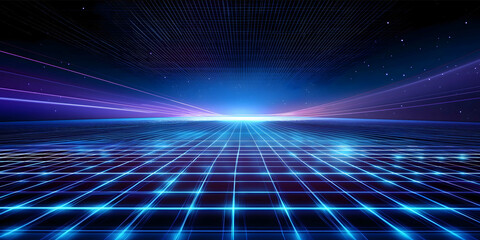 Abstract holographic grid with glowing tech symbols and transparent layers forming a virtual tech space