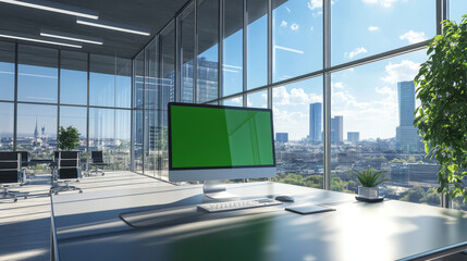 Desktop Computer Monitor with Mock Up Green Screen Chroma Key Display Standing on the Desk in the Modern Business Office. In the Background Glass Wall with Big City Office.