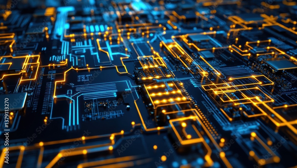 Poster intricate circuit board with glowing connections. complex network of pathways and components