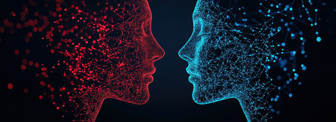 Two digital faces composed of interconnected nodes and lines face each other, one in red and other in blue, symbolizing technology and connection