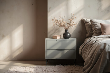 minimalist bedroom interior with two-drawer nightstand and dried flower vase