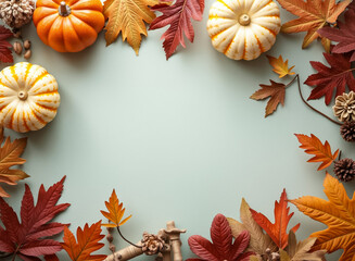 three pumpkins and autumn leaves create a festive frame