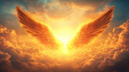 Fiery golden angel wings glowing in the sky among dramatic clouds, symbolizing divinity, power and celestial energy