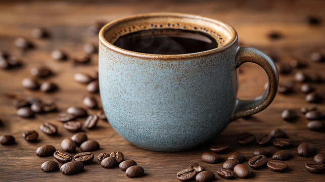 A rustic mug of dark coffee surrounded by scattered coffee beans on a textured wooden surface conveys a sense of warmth and comfort.