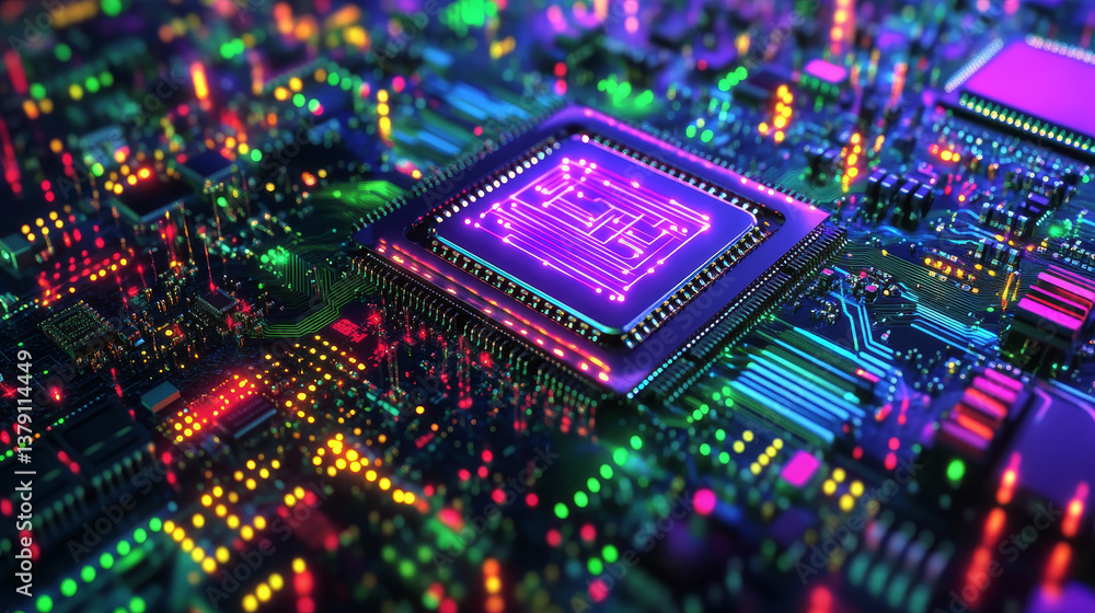 Poster advanced technology concept visualization: circuit board cpu processor microchip starting artificial