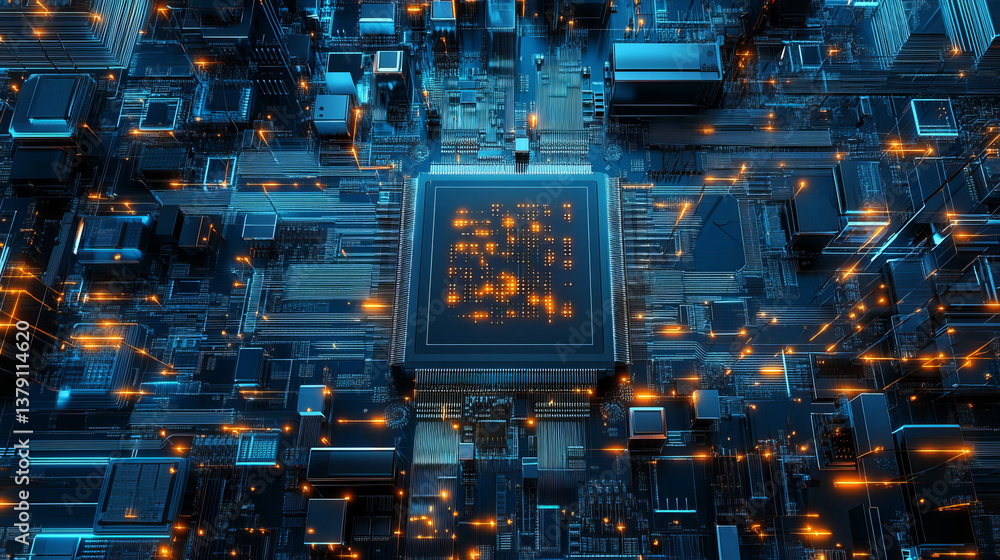 Poster advanced technology concept visualization: circuit board cpu processor microchip starting artificial