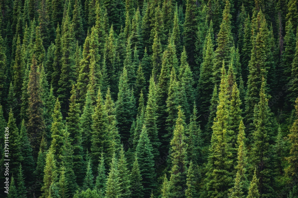 Poster aerial view of densely packed green trees in a forest dense forests clinging to towering slopes .