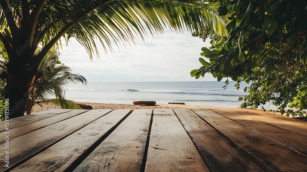 Poster top of wooden table with sea view and palm tree, empty space to display your product, summer vacatio