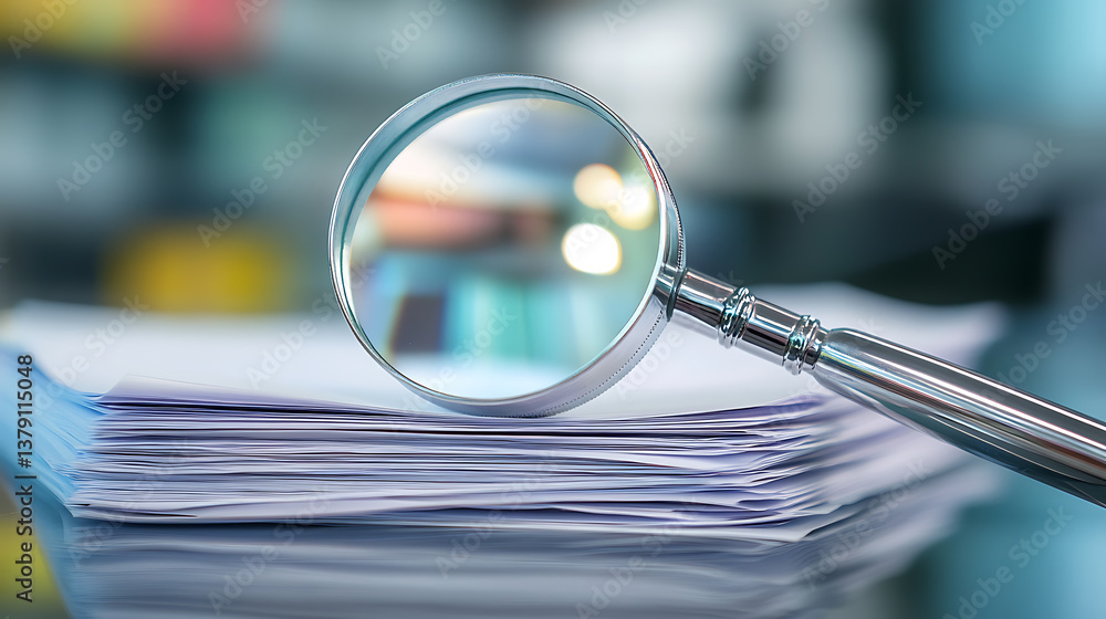 Poster magnifying glass and a stack of report paper documents, concept of business and search