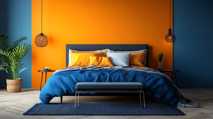 Bed and bench against orange and blue wall with copy space, art deco interior design of modern bedroom