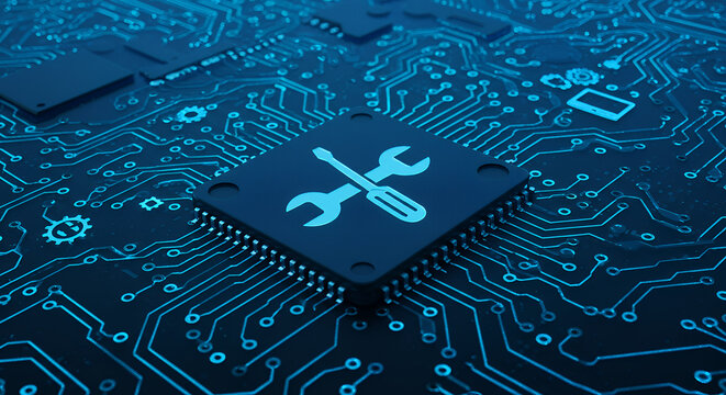 Technical Repair: Wrench and Screwdriver icon on CPU Chip, Blue Circuit Board Background - Hardware, Software, IT Support Concept - Powered by Adobe