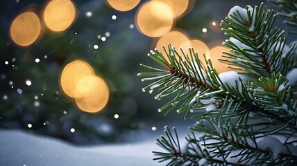 Snowflakes gently fall onto pine branches, set against a festive Christmas backdrop adorned with decorations and a soft bokeh glow.