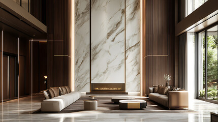 Marble and wooden paneling in room with high ceiling, interior design of modern home