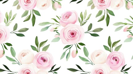   Pink roses with green leaves on a white background seamless wallpaper