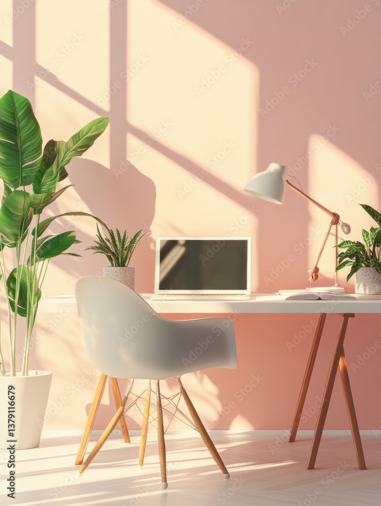 Poster cozy remote work setup featuring a minimalist design with plants and soft lighting on a pastel backg