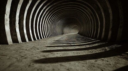   Long tunnel with light at end and shadows at tunnel end