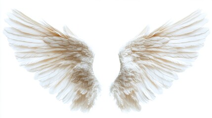 White angel wings spread symmetrically on bright background, soft feathers radiating purity and grace, evoking spiritual protection, divine presence and celestial symbolism