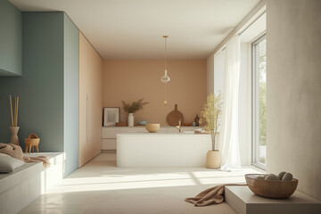 modern minimalist kitchen interior with neutral palette and natural light