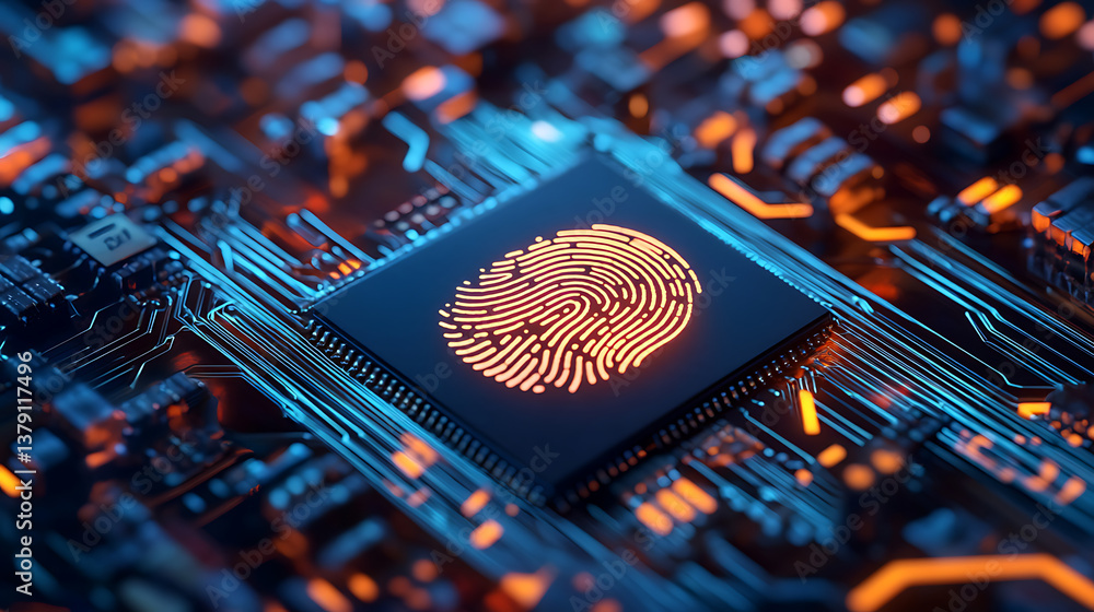 Aufkleber Microchip integrated with a unique fingerprint pattern, symbolizing advanced biometric identification technology for secure access and authentication