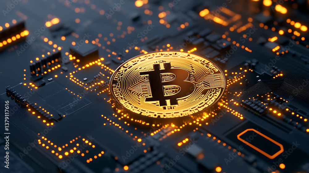 Aufkleber bitcoin in the black network circuit board background