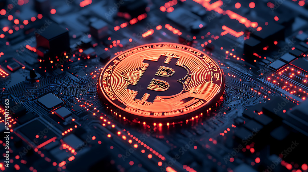 Poster bitcoin in the black network circuit board background