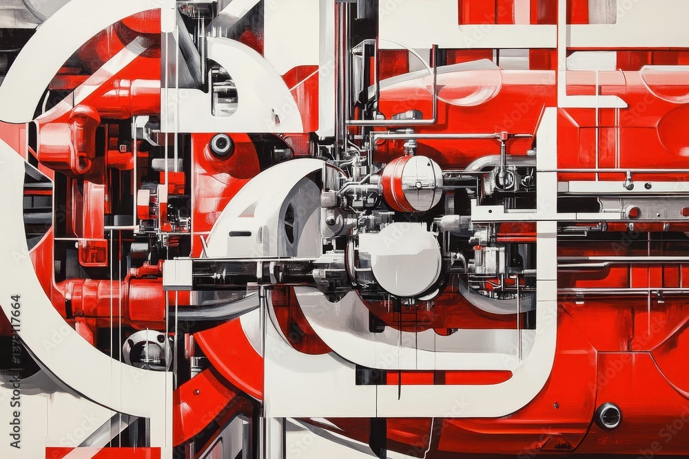 Poster an abstract painting featuring bold red and white lines in dynamic compositions deconstructing the a