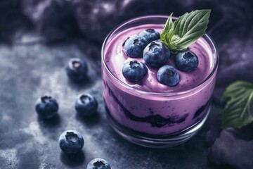 Glass bowl of blueberry yogurt with fresh berries and mint on rustic wood surface, creamy and natural