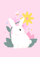 Card with cute rabbit,  flowers and bee on a pink background. Vector illustration.