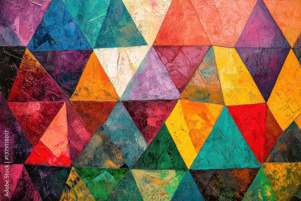 Poster an abstract painting featuring vibrant colorful triangles arranged in a dynamic composition incorpor