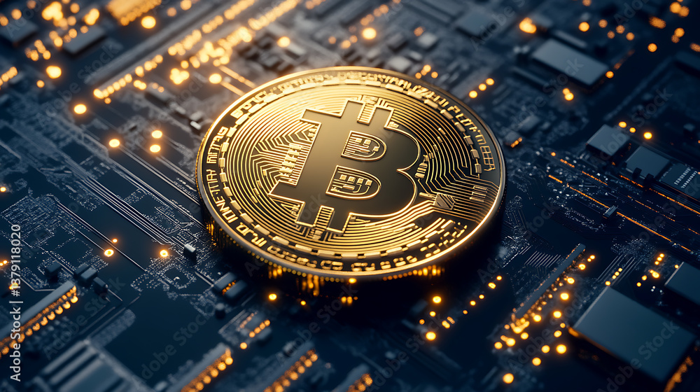 Poster bitcoin in the black network circuit board background