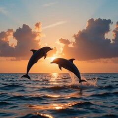 dolphins jumping into the ocean