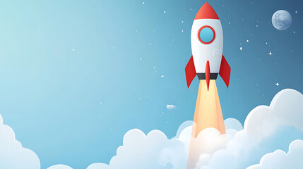Minimalist banner with rocket ship taking off, illustration