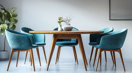 Turquoise chairs at wooden round dining table, scandinavian home interior design of modern dining room