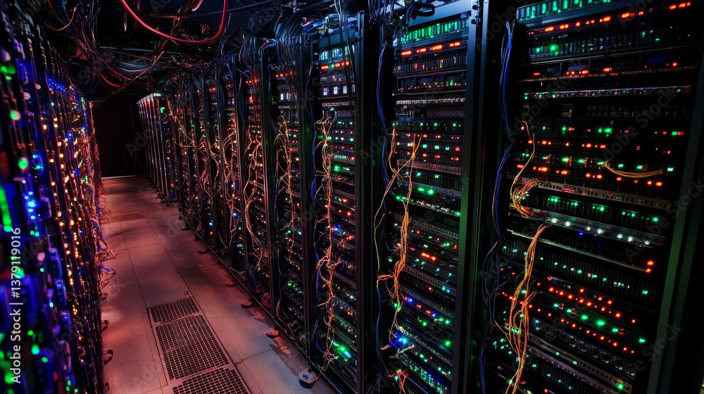 Poster 3d render: data technology center server racks in dark room with vfx. detailed visualization concept