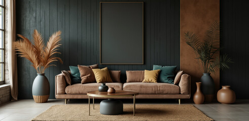 brown sofa with colorful pillows in a modern living room