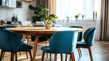 Turquoise chairs at wooden round dining table, scandinavian home interior design of modern dining room