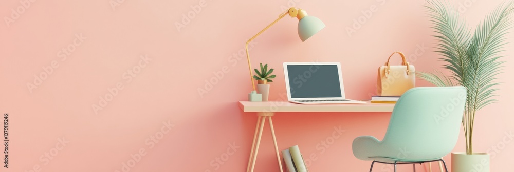 Aufkleber cozy remote work setup with lamp and tablet surrounded by plants on a soft pastel background for a p