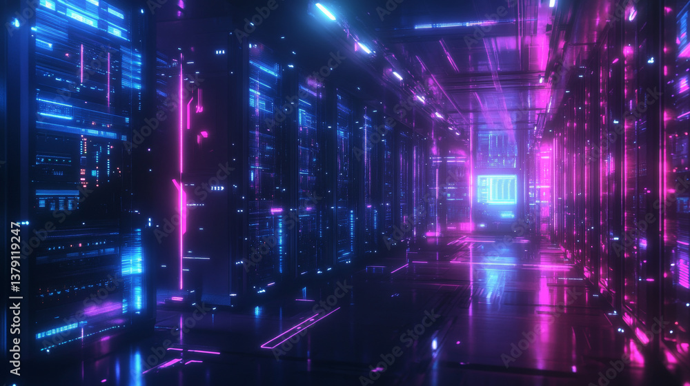 Poster shot of data center with multiple rows of fully operational server racks. modern telecommunications,