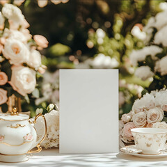 a realistic blank white invitation mockup size is 5x7 inches in portrait orientation at a brunch table during a party with white and blush pink decorations spr