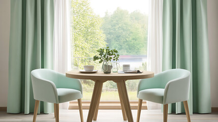 Obraz premium Two mint color chairs at round wooden dining table against window dressed with light green and white curtains, scandinavian interior design of modern dining room