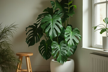 Fototapeta premium large monstera deliciosa plant in a white pot sits in a bright corner of a room