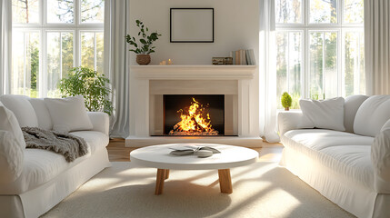 Two white sofa and round coffee table by fireplace, classic country farmhouse home interior design of modern living room