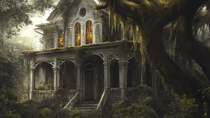 Historic buildings draped in moss, showcasing intricate carvings and tangled vines, conjuring an air of intrigue and eternal elegance under fading light. Eternal Carvings. Illustration